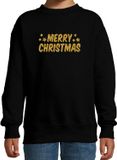 Bellatio Decorations Merry Christmas Kerst sweater / trui - zwart met gouden glitter bedrukking - kinderen - Kerst sweater / Kerst outfit 152/164