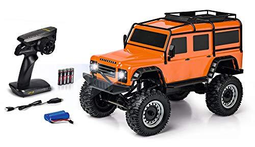 Carson Land Rover Defender 500404171 RC-terreinwagen, tot 20 km/u snel, 100% RTR, afstandsbediening, incl. batterijen en accu, met LED-verlichting, oranje