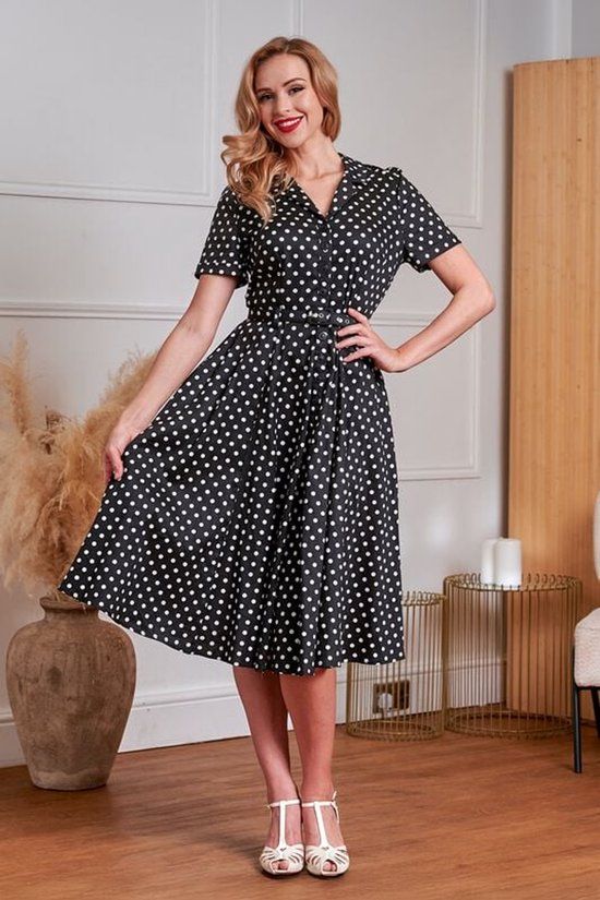 Banned Bella polka swing dress Dames Midi-jurk - zwart/wit - M