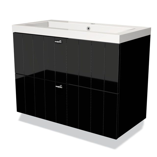 Maxaro Badkamermeubel 90cm Modulo Hoogglans Zwart 2 Lades Lamel Wastafel Mineraalmarmer