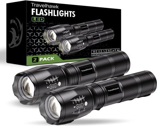 Travelhawk LED Flashlight Set - 2x 1000 Lumen Waterproof Flashlights