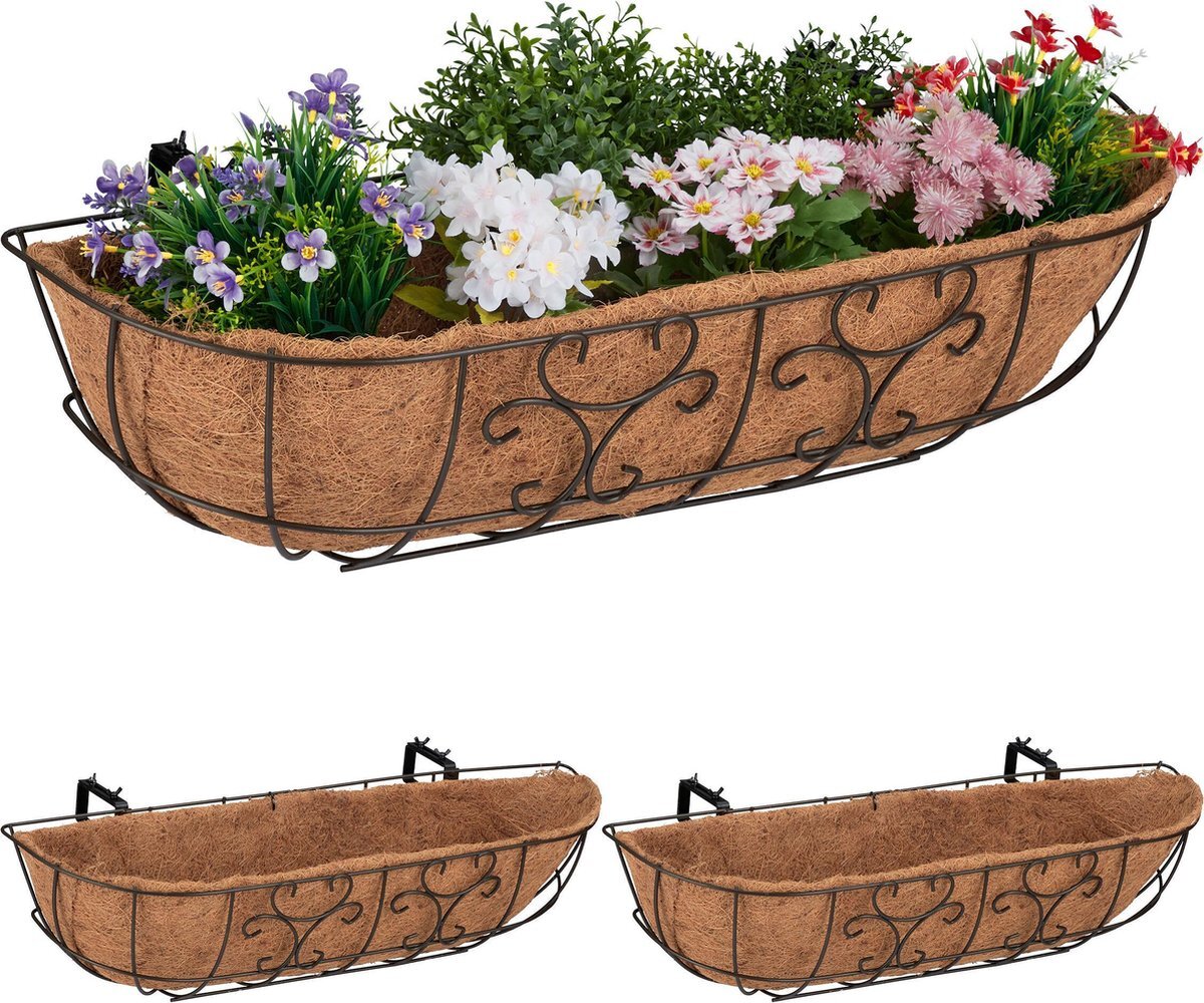 Relaxdays Balkonbak kokos set van 3 - plantenbak - sierlijk design - plantenmand - natuur