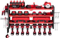 VEVOR Tool Storage Wall Mount, 4-laags opbergrek met 8 boorhouders, gereedschapshouder met zijvakken, gereedschapsorganizer voor garage, werkbank en werkplaats, rood