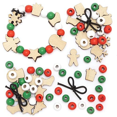 Baker Ross FC114 Houten Kerstmis kralen armbandsets voor kinderen- Set van 3, perfect voor het maken van kindersieraden, kralenkunst of knutsel activiteiten voor verjaardagsfeestjes