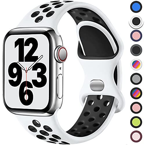 Upeak Sport Bandje Compatibel met Apple Watch Band 44mm 42mm 45mm, Ademend Dubbel Gat Gesp Horlogebandjes Siliconen, voor iWatch Band Series 7 SE 6 5 4 3 2 1, 42mm/44mm/45mm-M/L, Wit/Zwart