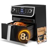 Aigostar Luchtfriteuse zonder olie, kijkvenster, XXL-capaciteit 8 l, 1700 W, groot led-touchscreen, 12 vooraf ingestelde functies + handleiding, dubbel gebruik: met mand of lade, BPA-vrij