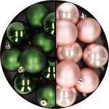 Merkloos / Sans marque Kaemingk B.V. 24x stuks kunststof kerstballen mix van lichtroze en donkergroen 6 cm