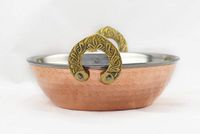HostelNovo Indiase voedselschaal met handgrepen, karahi-schaal, gehamerd roestvrij staal koperen hoefijzer handgrepen, Indiaas servies, 15 x 5,5 cm