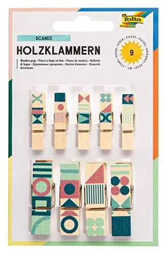 Folia 22952 Houten knijpers met Scandi-motief, 9 klemmen in 2 verschillende maten, ideaal voor het bevestigen van notities, afbeeldingen of voor het maken van creatief knutselwerk, vanaf 8 jaar