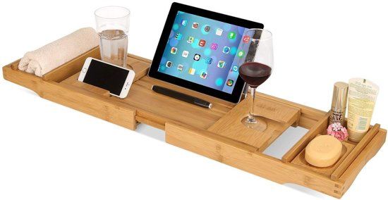 LifeGoods Bamboe Badrekje Uitschuifbaar - Badplank Verstelbaar - Met Boekenhouder/Tablethouder - Hout