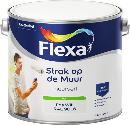 FLEXA Strak op de Muur - Watergedragen - Mat - fris wit RAL 9016 - 2 5 liter