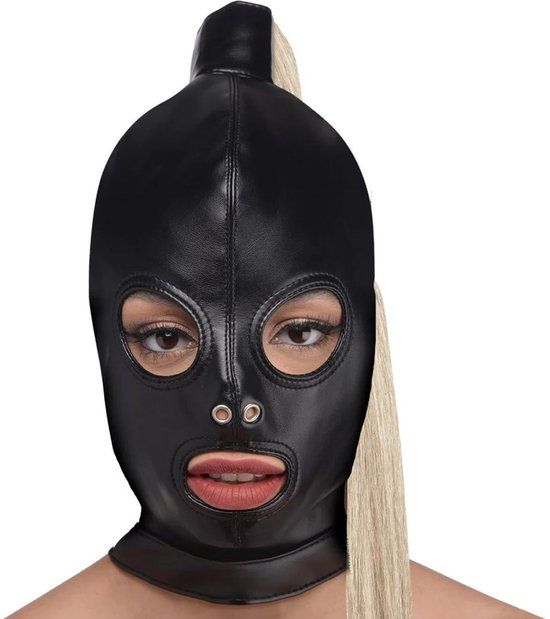 XR Brands Blonde Ponytail Bondage Hood - Black - Faux Leather