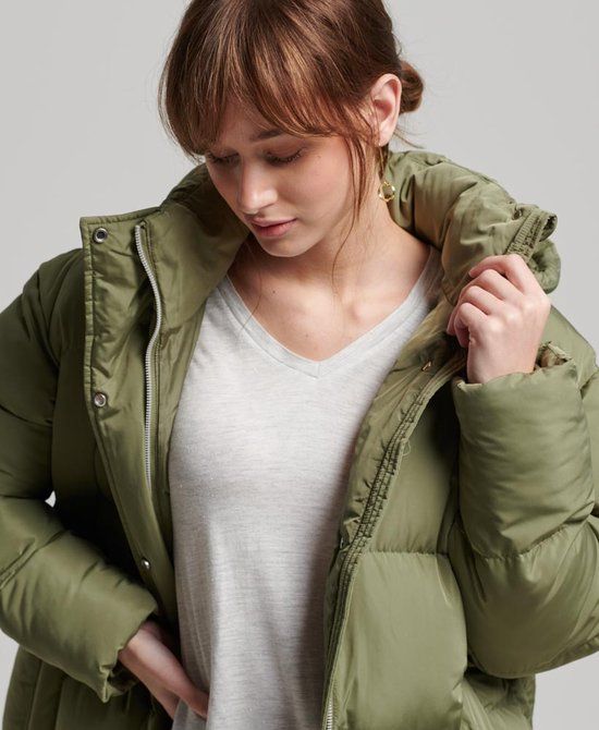 Superdry Longline Hooded Puffer Coat - Wild Khaki - Women's Size L