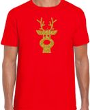 Bellatio Decorations Kerst verkleed T-shirt voor heren - Rood - Rendier Hoofd - Glitter Goud - Kerstkleding XXL