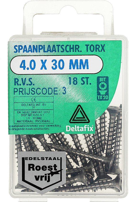 Deltafix Spaanplaatschroef platkop / torx r.v.s. a2 4.0 x 30 mm 18 st.