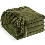 LONG CREATE Chenille deken voor bank 50 x 152 cm, zacht, gezellig met franjes en kwastjes voor bed sofa stoel, lichtgewicht gebreide decoratieve boerderij boho als cadeau, olijfgroen