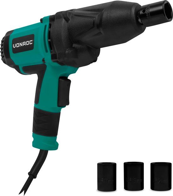 VONROC Slagmoersleutel 950W - 600Nm - 1/2” opname - Incl. 4 moerdoppen - 4m kabel - Soft Grip – geschikt voor banden verwisselen
