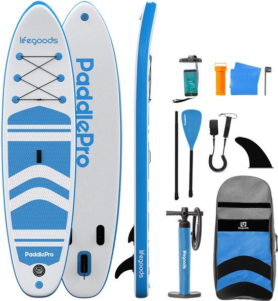 LifeGoods PaddlePro SUP Board - Opblaasbaar Paddle Board - Complete Set - Max. 135KG - 320x81cm - Wit/Sky Blue