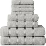 FAIRWAYUK 8-delige handdoeken balenset voor badkamer, ultrazachte premium kwaliteit waterabsorberende handdoek cadeausets, 100% Egyptisch katoen, 4x gezicht 2x hand 2x badhanddoeken, zilver