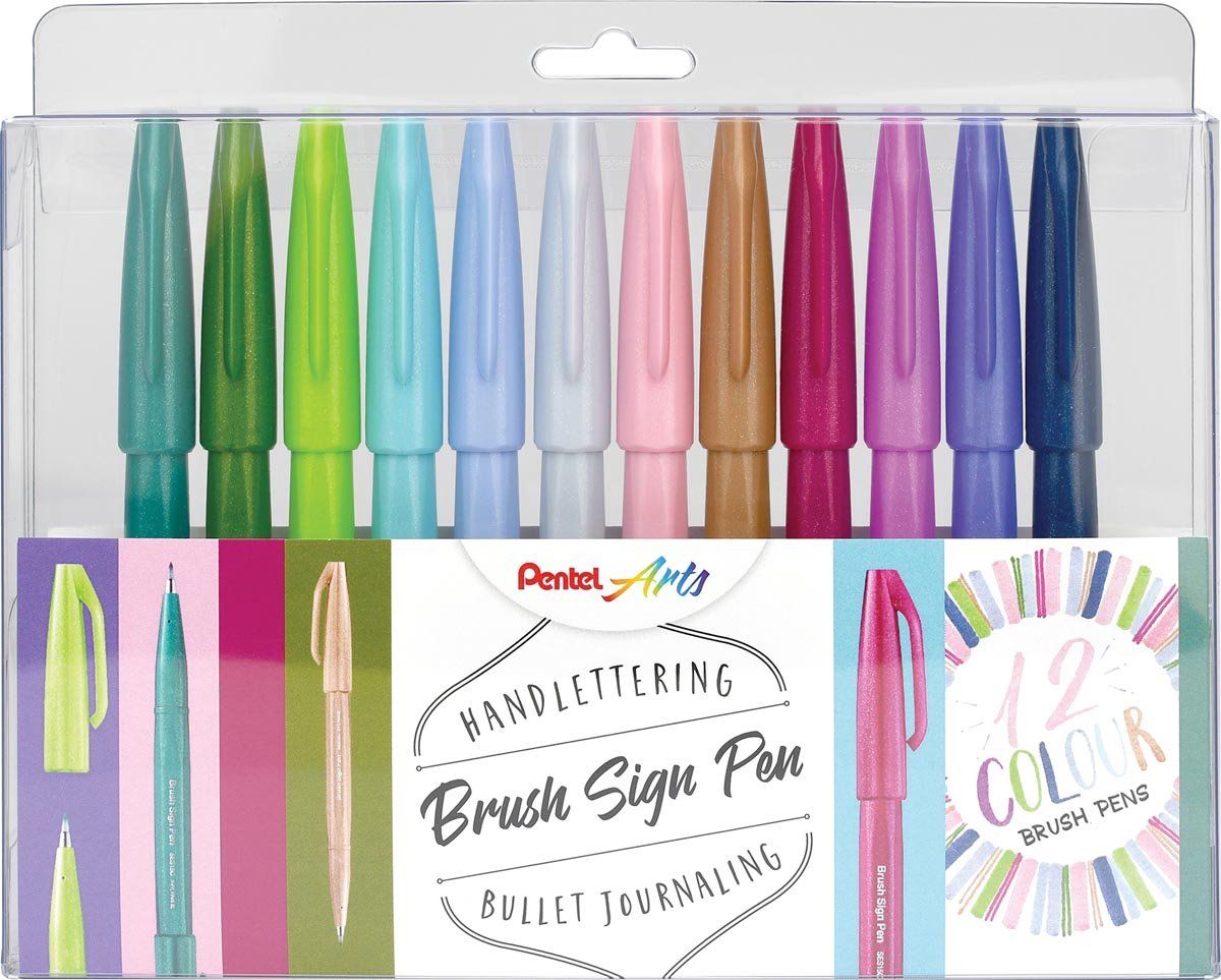 Pentel Sign Pen Brush Touch, plastic etui met 12 stuks in geassorteerde kleuren