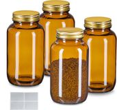 Merkloos Relaxdays Glazen potjes - Set van 4 - 400 ml - Bruin Glas - Met Etiketten en Deksel