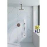Fortifura Calvi inbouw regendoucheset – Ø25 cm hoofddouche – 35 cm gebogen wandarm – 1-stands staafhanddouche – koper geborsteld