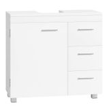 JOYFURNOS meuble sous lavabo pour salle de bain, Blanc Mat, 30 x 70 x 63,8 cm – meuble de rangement avec pieds, 3 tiroirs et 2 compartiments derrière la porte, pour lavabos avec socle