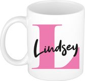Bellatio Decorations Naam mok Lindsey - roze - wit - keramiek - 300 ml - cadeau beker