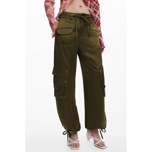 Desigual Satijnen Tapered Low Waist Cargobroek Kaki