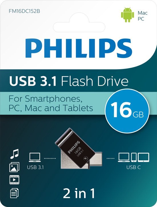 Philips 2-in-1 USB-C OTG USB3.1 16 GB, Windows/macOS/Android, zwart