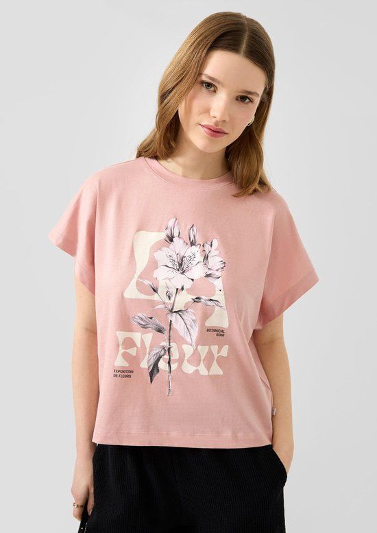 QS T-shirt met print en tekst - lichtroze