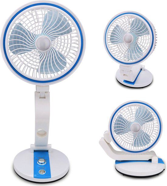 Merkloos Tafelventilator Draadloos - Bureau Aircooler - Stille Ventilator - Mini Airco - Inklapbaar USB Fan - Wit met Blauw