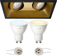 BES LED Pragmi Zano Pro - Inbouw Rechthoek Dubbel - Mat Zwart/Goud - Kantelbaar - 185x93mm - Philips Hue - LED Spot Set GU10 - White Ambiance - Bluetooth