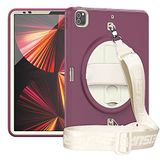 hoes iPad Pro 12,9 inch (2021/2020/2018) hoes met schouderriem, robuuste iPad 5/4/3e generatie hoes met 360 graden draaibare voet, donkerrood + wit