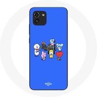 Maniacase Samsung Galaxy A03 BTS BT21 Tata Chimmy Cooky Rj Koya Shooky en Mang Speel muziek Blauwe achtergrond