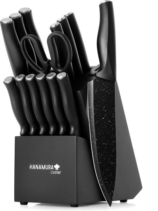 Hanamura 14-delige Messenset met Blok - Messenblok met Messen, ingebouwde Messenslijper & Keukenschaar - Ergonomisch - RVS - Zwart