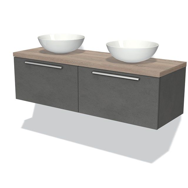 Maxaro Badkamermeubel voor Waskom 140cm Modulo Plato Donkergrijs Beton 2 Lades Vlak Eiken Blad