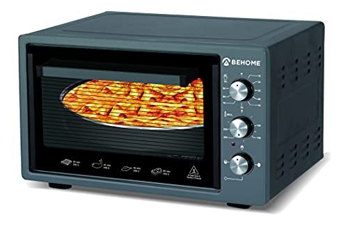 BEHOME Elektrische oven 38 liter, geventileerd, zelfreinigend, geëmailleerd, temperatuur tot 320 °C, dubbel glas met binnenlicht en timer, 2 bakvormen en 1 rooster (zwart)