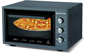 BEHOME Elektrische oven 38 liter, geventileerd, zelfreinigend, geëmailleerd, temperatuur tot 320 °C, dubbel glas met binnenlicht en timer, 2 bakvormen en 1 rooster (zwart)