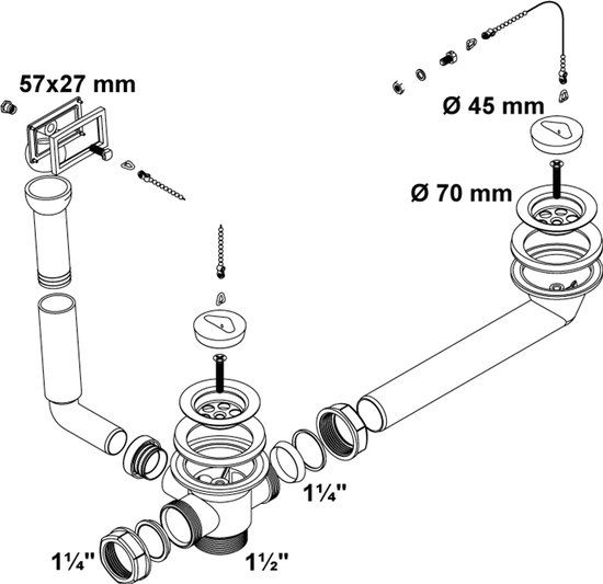 KIRCHHOFF KS dubbele spoelbak afvoer- en overloopgarnituur, 1 1/2"BU x 70 mm, In hoogte verstelbaar, overloop Zijdelings