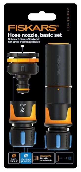 Fiskars 1027091 - Waterslangkoppelingen - Zwart, Blauw, Oranje