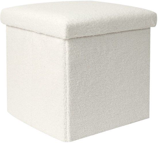 Home Deco Factory Poef/hocker opvouwbaar - bouclé stof - opbergbox - wit - polyester/mdf - 38 x 38 cm