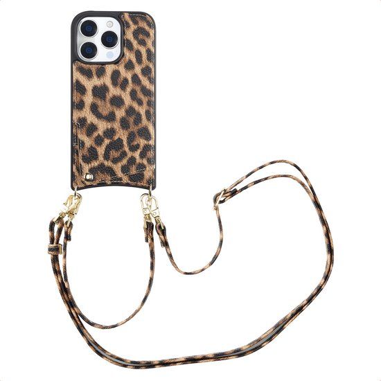 Selencia Hoesje - Geschikt voor Apple iPhone 16 Pro - Backcover met koord en pashouder - Leopard