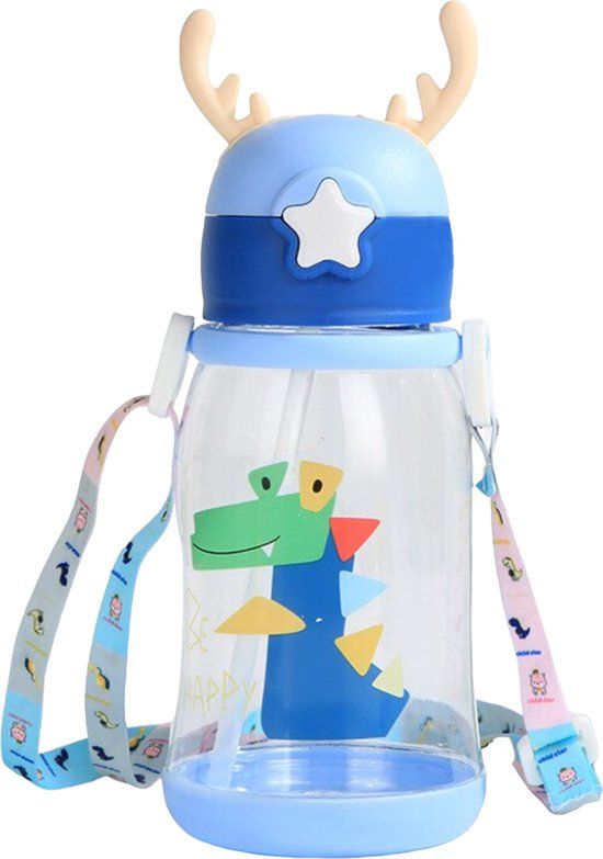 Drinkbeker met Rietje en Strap - 600ml - Blauw / Krokodil - BPA-vrij - Vaatwasserbestendig