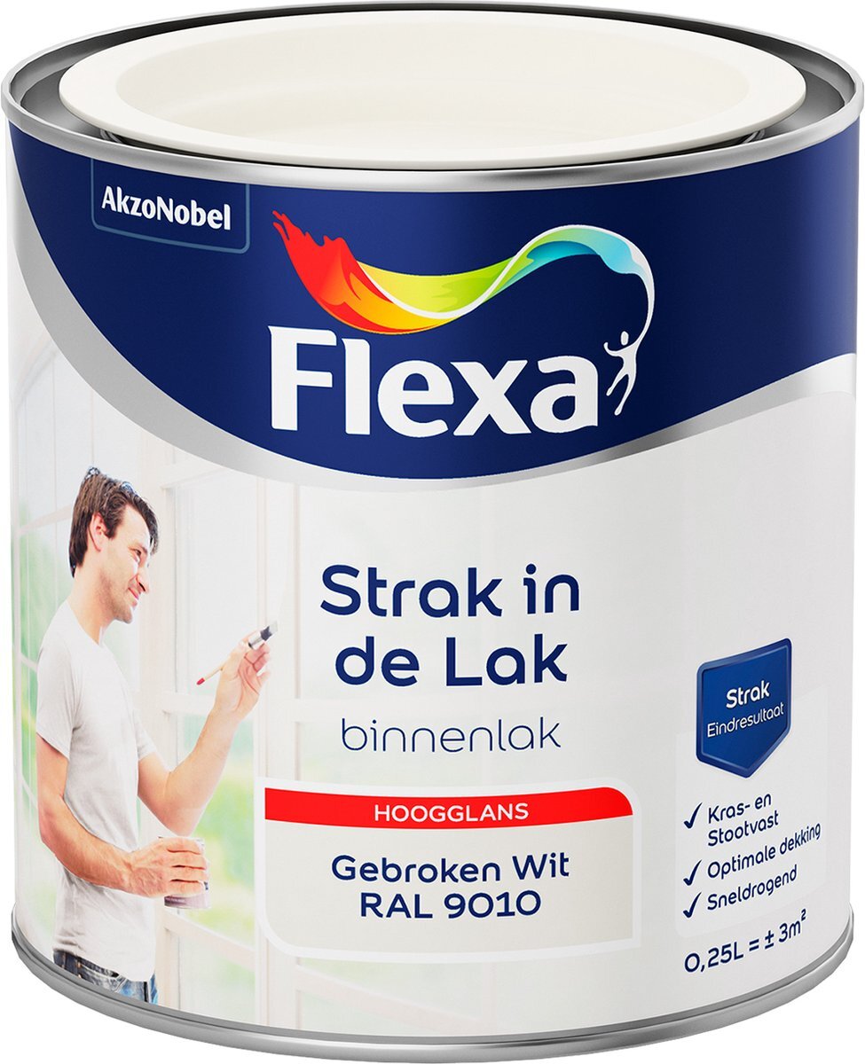 FLEXA Strak in de Lak - Watergedragen - Hoogglans - gebroken wit RAL 9010 - 0,25 liter