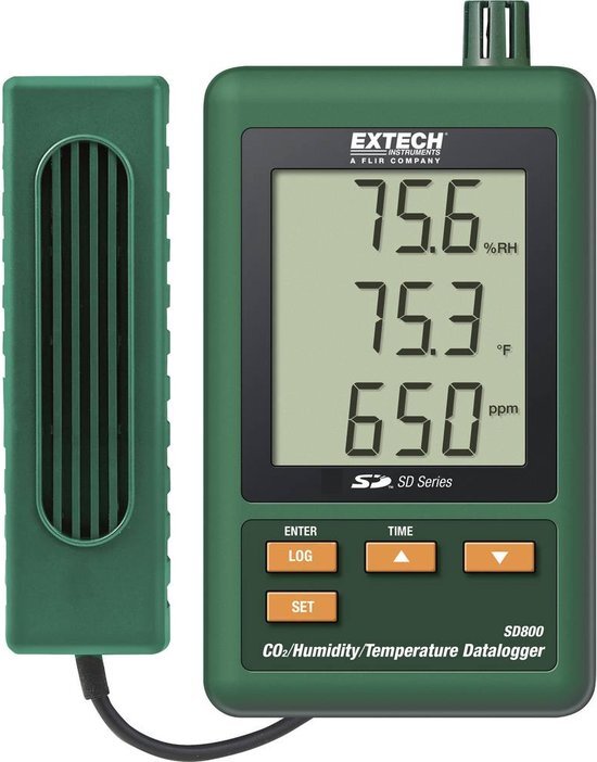 EXTECH SD800: CO2 monitor, thermometer en hygrometer met datalogger Data wordt opgeslaan in excel formaat op SD kaart