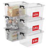 Cetomo Opbergdozen, 15 l x 6 stuks, met groeven versterkte kunststof dozen met deksels en clips, stapelbare opbergdoos, opbergdozen voor thuis en op kantoor, PP, transparant, 15 l (6 stuks)