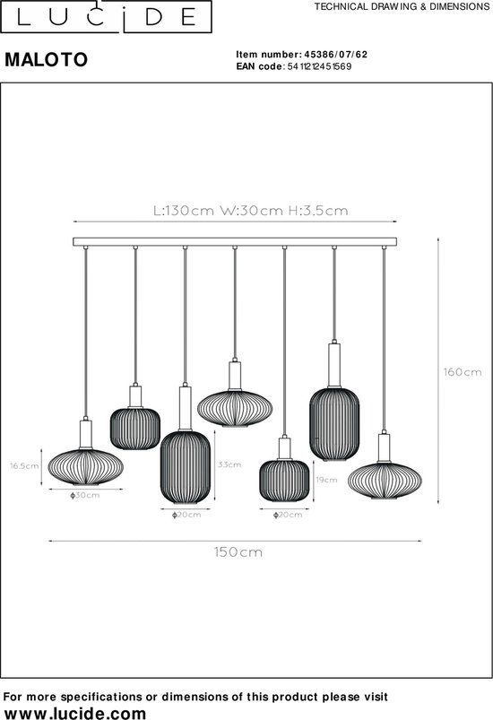 Lucide MALOTO Hanglamp - 7xE27 - Amber - Zwart