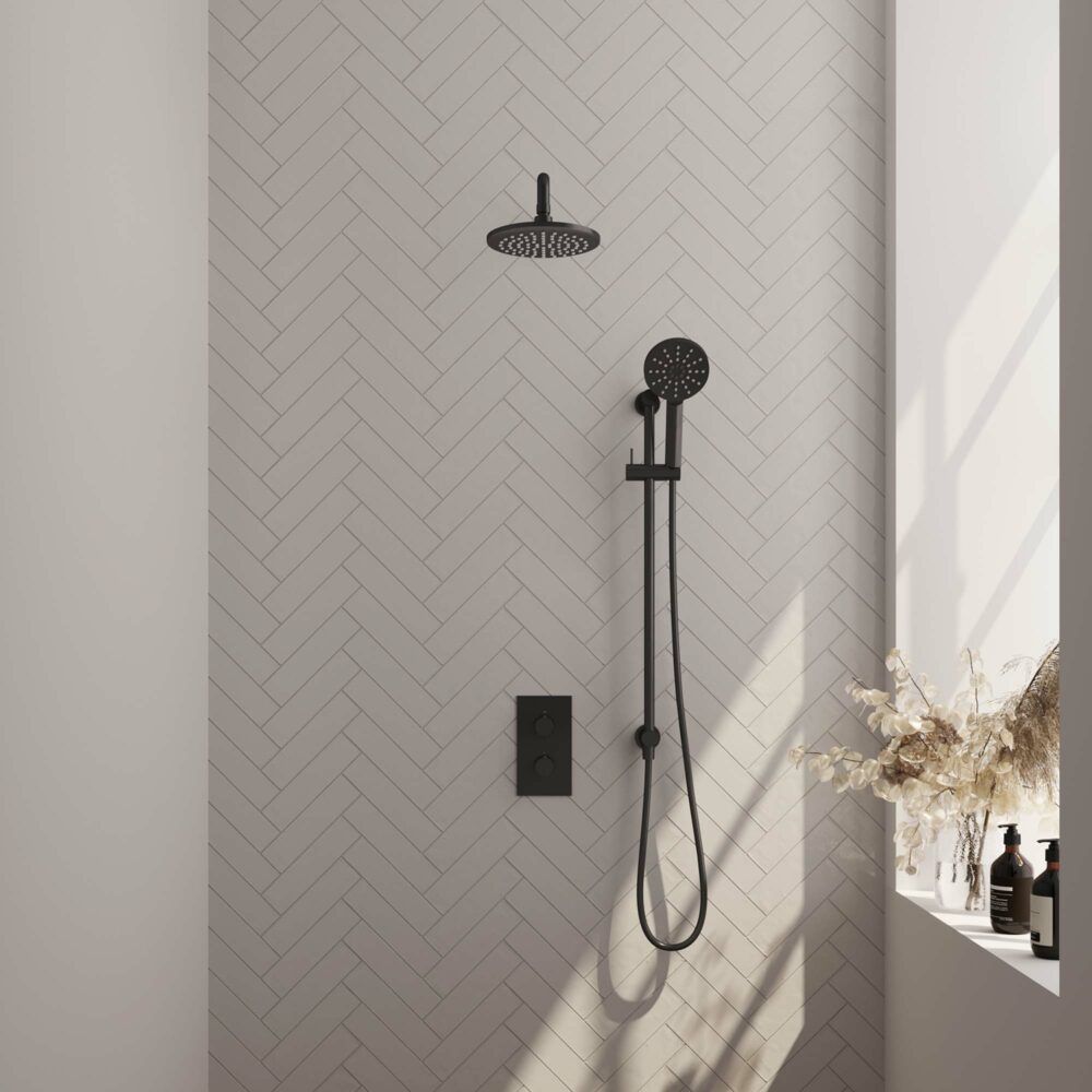 Brauer Black Carving thermostatische inbouw regendoucheset met 2-weg omstel 40cm gebogen wandarm met 20cm ronde hoofddouche 3 standen ronde handdouche 150cm gladde doucheslang met glijstang en handdouchehouder Zwart mat 5-S-141