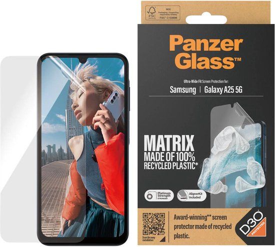 PanzerGlass Matrix D3O Ultra-Wide Screen Protector voor Samsung Galaxy A25 - 100% Gerecycled Plastic - Bescherm Folie - Case Friendly - met AlignerKit Montageframe